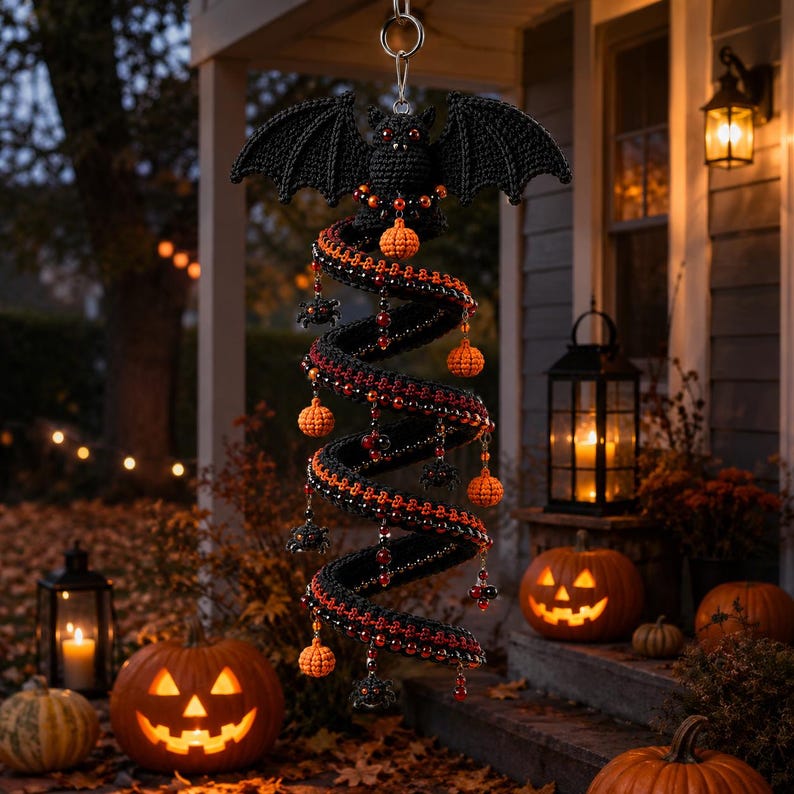 May include: A black crocheted bat hanging from a metal ring, attached to a long, spiraling black and orange crocheted structure. The spiral is decorated with small orange crocheted pumpkins, black spider charms, and red beads throughout the length.
