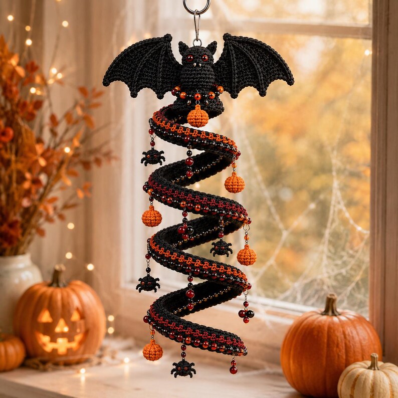 May include: A hanging crochet decoration featuring a black bat at the top with red eyes and white fangs. Below the bat is a long, black, spiral-shaped body adorned with small orange crocheted pumpkins, black spider charms, and red beads.