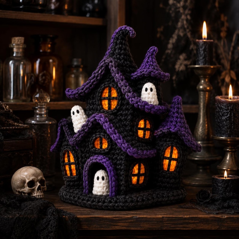 May include: A crocheted haunted house decoration in black and purple yarn with orange glowing windows and three small white ghost figures. The structure features multiple pointed roof peaks and a central arched doorway with a ghost standing inside.