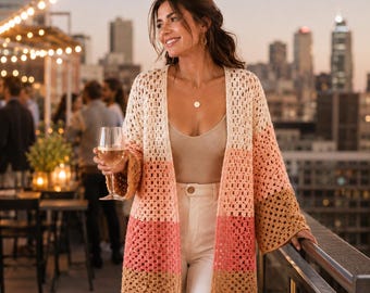 Patrón de cárdigan de abuela a crochet, cárdigan de abuela Sunset Dune en PDF, suéter de crochet extragrande, descarga instantánea