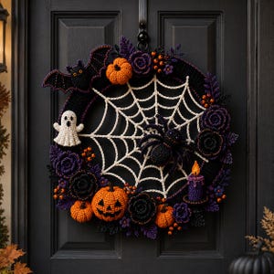 K&ouml;nnte beinhalten: Ein runder Halloween-Kranz mit einem wei&szlig;en, geh&auml;kelten Spinnennetz in der Mitte und einer schwarzen Spinne. Der Kranz ist mit geh&auml;kelten orangefarbenen K&uuml;rbissen, einem wei&szlig;en Geist, einer schwarzen Fledermaus, lila und schwarzen Blumen verziert.