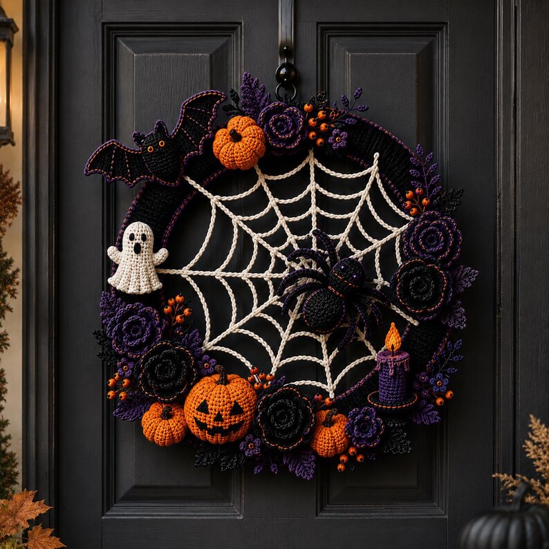 K&ouml;nnte beinhalten: Ein runder Halloween-Kranz mit einem wei&szlig;en, geh&auml;kelten Spinnennetz in der Mitte und einer schwarzen Spinne. Der Kranz ist mit geh&auml;kelten orangefarbenen K&uuml;rbissen, einem wei&szlig;en Geist, einer schwarzen Fledermaus, lila und schwarzen Blumen verziert.