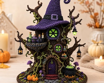 Häkelanleitung für ein Halloween-Spukhaus, Hexenbaumhaus (PDF), Häkelhausdeko mit Hexenhut