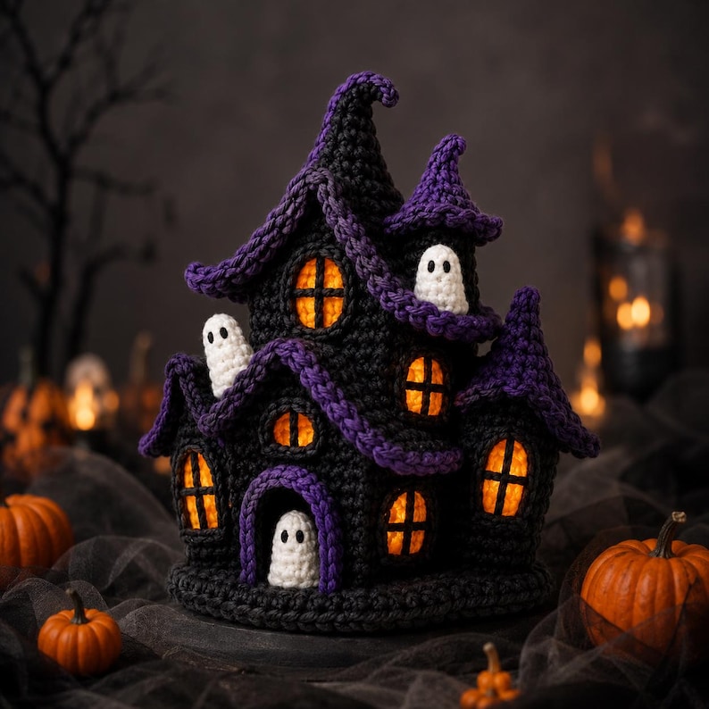 May include: A crocheted haunted house decoration in black and purple yarn with multiple pointed roofs. The structure features several windows glowing with orange light and three small white ghost figures positioned in the doorway and on the roof.