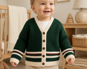 Patrón de cárdigan de bebé a crochet, cárdigan estilo universitario Evergreen Little en PDF, suéter infantil con botones, descarga instantánea.