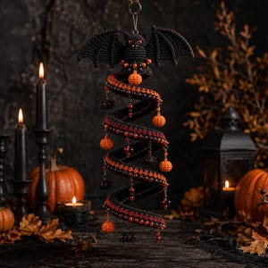 May include: A hanging crochet spiral decoration featuring a black bat at the top, adorned with small orange crocheted pumpkins, black spider charms, and red beads. The spiral structure is crafted from black and orange yarn, suspended by a metal ring.