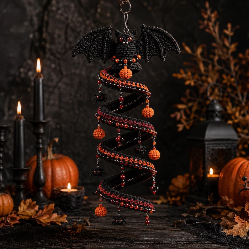 May include: A hanging crochet spiral decoration featuring a black bat at the top, adorned with small orange crocheted pumpkins, black spider charms, and red beads. The spiral structure is crafted from black and orange yarn, suspended by a metal ring.