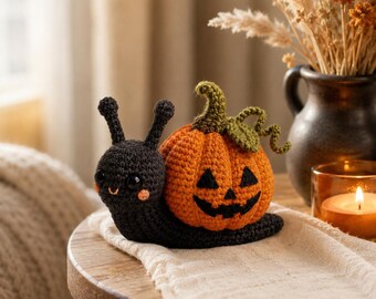 Patrón de mini caracol a crochet, amigurumi de caracol calabaza de Halloween en PDF, lindo juguete de peluche otoñal, descarga instantánea
