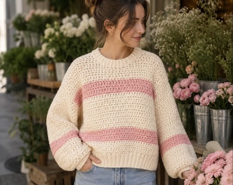 Crochet Sweater Pattern, Rosemilk Cloud Chunky Pullover PDF, Striped Crochet Top, Cozy Winter Sweater Download