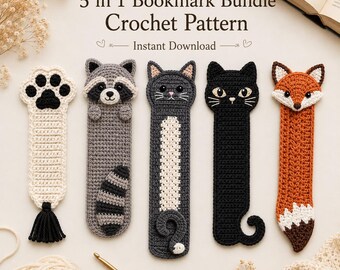 Bookmark Crochet Pattern, 5 in 1 Animal Bookmark PDF, Amigurumi Style Crochet Bookmarks, Cat Fox Raccoon Patterns