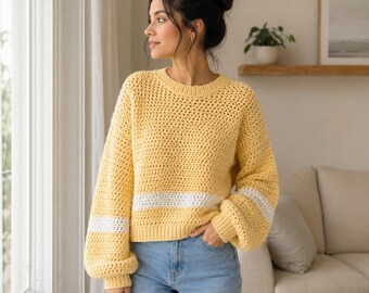 Modello per maglione all'uncinetto, pullover grosso in PDF, top all'uncinetto color crema al burro, maglione invernale oversize (download digitale)
