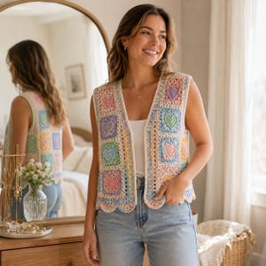 Può includere: Un gilet senza maniche all'uncinetto, aperto sul davanti, con un design patchwork di quadrati dai colori pastello. Ogni quadrato presenta un motivo a cuore. Il gilet ha un bordo smerlato e viene indossato sopra un top bianco e jeans blu.