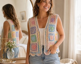 Granny Vest Crochet Pattern, Sweetheart Patchwork Vest PDF, Heart Granny Square Vest, Instant Download