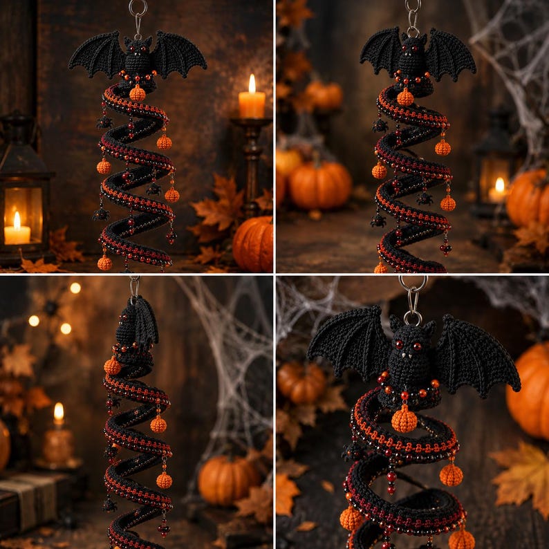 May include: A black crocheted bat hanging ornament featuring a spiral body adorned with small orange crocheted pumpkins and red beads. The bat has wide wings, pointed ears, and red eyes, suspended by a metal ring for decorative display.