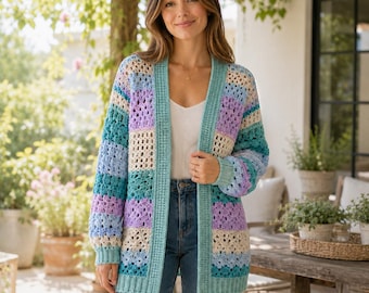 Patrón de cárdigan a crochet, cárdigan patchwork Pastel Harbor en PDF, suéter con borde verde azulado, descarga instantánea.