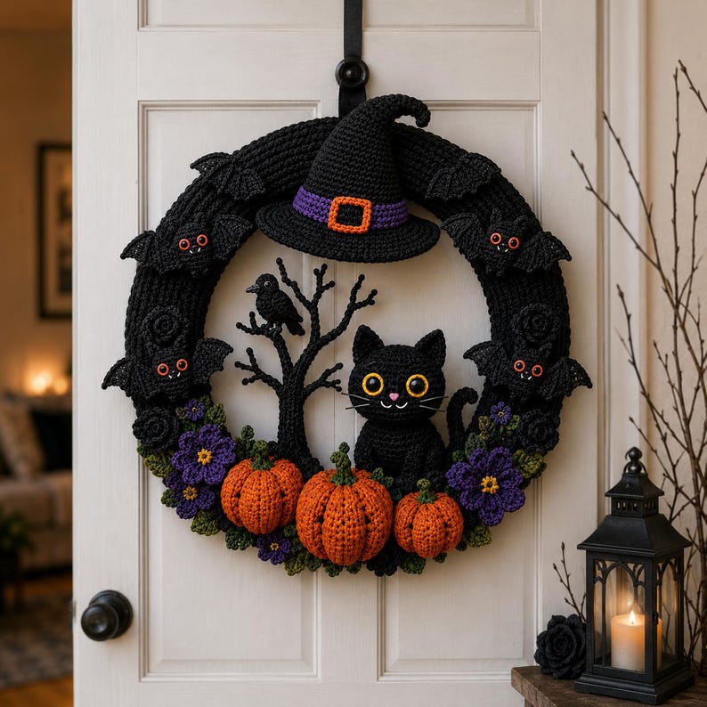 May include: A round crochet Halloween wreath featuring a black witch hat with a purple band, a black cat, a black bird on a tree, orange pumpkins, purple flowers, and black bats with red eyes, all arranged on a dark circular base.