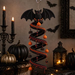 May include: A hanging crochet decoration featuring a black bat at the top with red eyes, attached to a long, spiraling black and orange textured coil. The coil is adorned with small orange crocheted pumpkins, black spiders, and red beads.