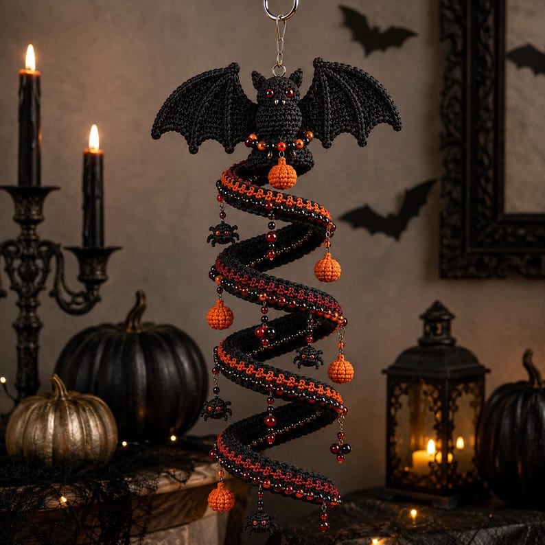 May include: A hanging crochet decoration featuring a black bat at the top with red eyes, attached to a long, spiraling black and orange textured coil. The coil is adorned with small orange crocheted pumpkins, black spiders, and red beads.
