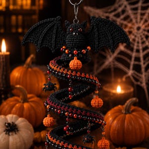 May include: A black crocheted bat hanging from a metal ring, attached to a long, spiraling black and orange crocheted tail. The tail is decorated with small orange crocheted pumpkins, black crocheted spiders, and red, black, and orange beads.