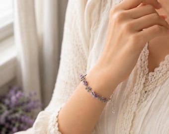 Patrón de pulsera de flores de ganchillo hecha a mano, pulsera de lavanda en PDF, patrón de joyería de ganchillo, accesorio de enredadera floral