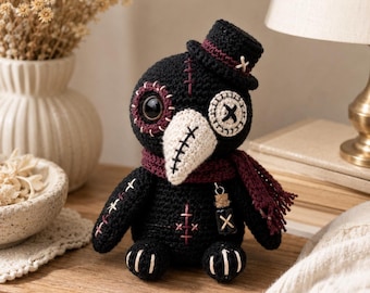 Patrón digital de ganchillo, amigurumi de cuervo gótico de Halloween en PDF, peluche de médico de la peste, descarga instantánea.
