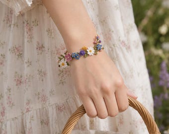 Patrón de pulsera de ganchillo con flores bonitas, PDF de joyería de flores silvestres, tutorial de pulsera de margaritas, accesorio de enredadera floral