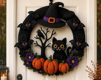 Könnte beinhalten: Ein schwarzer gehäkelter Halloween-Kranz mit einem Hexenhut, vier kleinen Fledermäusen mit roten Augen, einer schwarzen Katze, einem schwarzen Vogel auf einem Ast, drei orangefarbenen Kürbissen und violetten Blumen an einer weißen Tür.