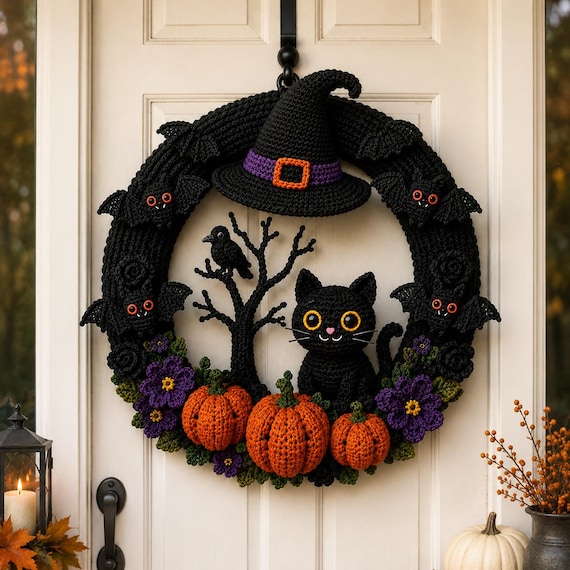 Halloween Wreath Crochet Pattern, Door Hanger PDF, Witch Cat Pumpkin Decor, Spooky Wall Hanging