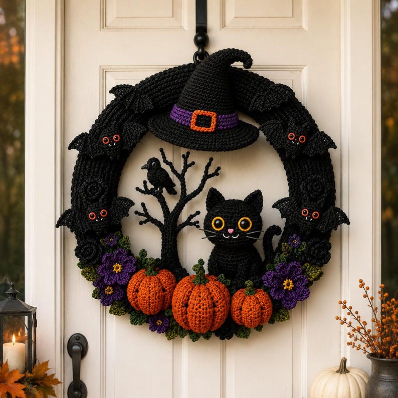 May include: A black crocheted Halloween wreath featuring a witch hat, four small bats with red eyes, a black cat, a black bird on a tree branch, three orange pumpkins, and purple flowers. The wreath is circular and hangs on a white door.