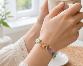 Patrón de pulsera de ganchillo, pulsera de mariposa en PDF, patrón de joyería de ganchillo, accesorio de muñeca con diseño floral