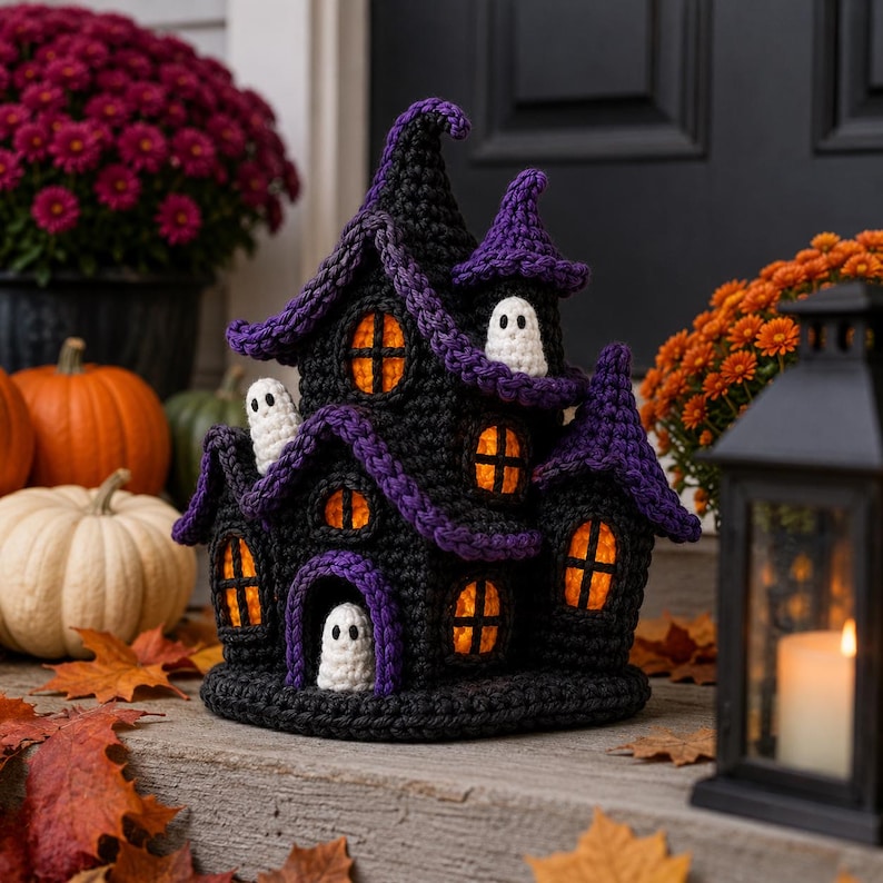 May include: A crocheted haunted house decoration featuring a black structure with purple roof accents, multiple orange-lit windows, and three small white ghost figures positioned at the entrance and on the upper levels of the building.