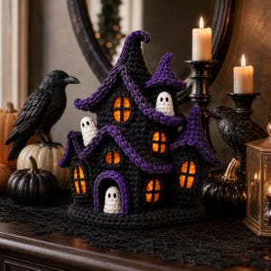 May include: A crocheted haunted house decoration in black and purple yarn with orange-lit windows and three small white ghost figures attached to the exterior. The structure features multiple pointed roof peaks and a central arched doorway entrance.
