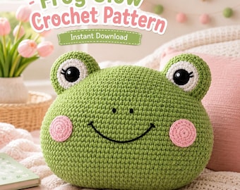 Patrón de ganchillo para almohada de rana, peluche de rana Pippa Blushing Frog en PDF, linda almohada amigurumi, descarga instantánea.