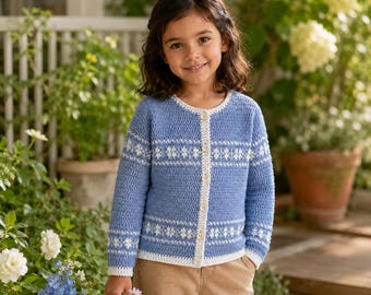 Patrón de ganchillo para cárdigan de bebé, cárdigan copo de nieve azul escarchado en PDF, suéter de invierno para niños pequeños, descarga instantánea.
