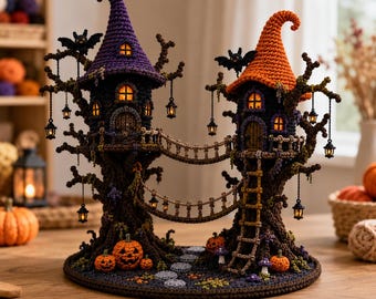Häkelanleitung für ein Halloween-Spukhaus, Hexenwald-Doppelbaumhaus (PDF), Häkelhausdeko mit Hexenhut