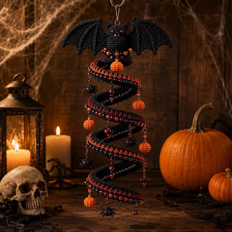 May include: A hanging crochet spiral decoration featuring a black bat at the top with red eyes. The spiral is black with red accents and is adorned with small orange crocheted pumpkins, black spider charms, and red beads hanging from the structure.