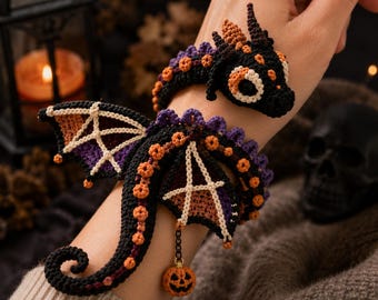 Crochet Pattern Dragon Wrist Bracelet, Halloween Dragon Amigurumi PDF, Gothic Pumpkin Wearable Crochet Bracelet