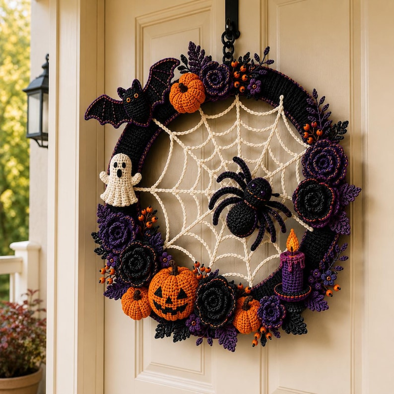 K&ouml;nnte beinhalten: Ein runder H&auml;kel-Halloween-Kranz mit einem wei&szlig;en Spinnennetz in der Mitte, einer schwarzen Spinne, einem Geist, einem K&uuml;rbiskopf, kleinen orangefarbenen K&uuml;rbissen, einer Fledermaus, violetten Blumen und einer violetten Kerze mit orangefarbener Flamme.