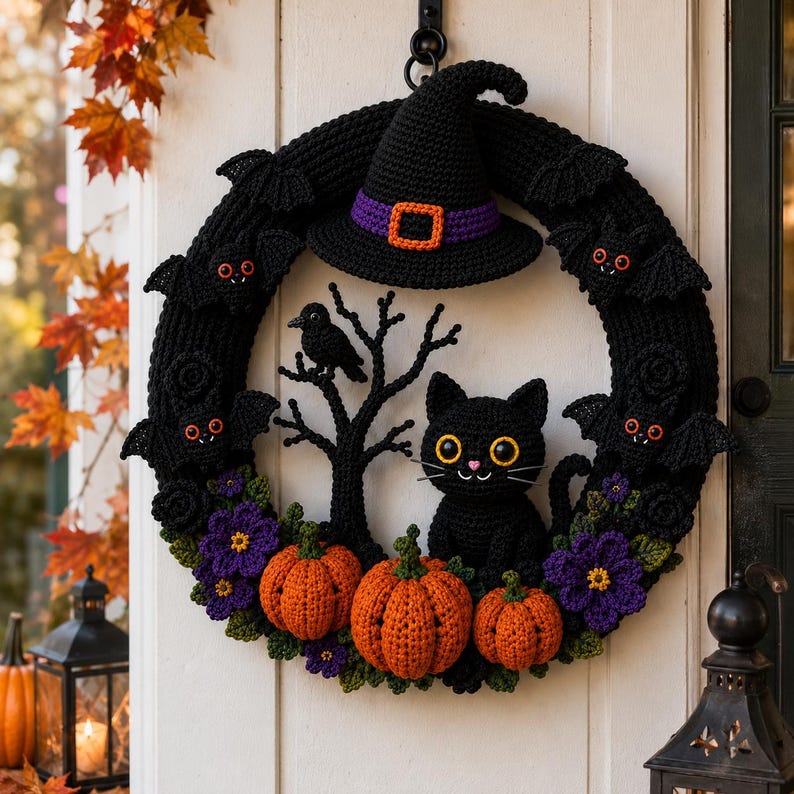 May include: A round crochet wreath featuring a black witch hat with a purple band and orange buckle, a black cat, three orange pumpkins, purple flowers, and small black bats. A black tree silhouette with a small black bird is centered inside.
