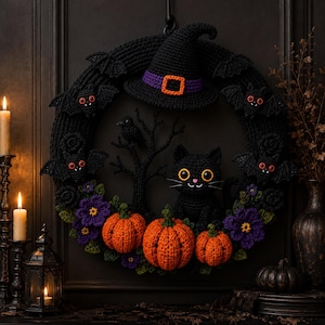 May include: A crocheted Halloween wreath featuring a black cat, three orange pumpkins, purple flowers, and four small black bats with red eyes. A black witch hat with a purple band and orange buckle sits at the top, with a black tree silhouette.