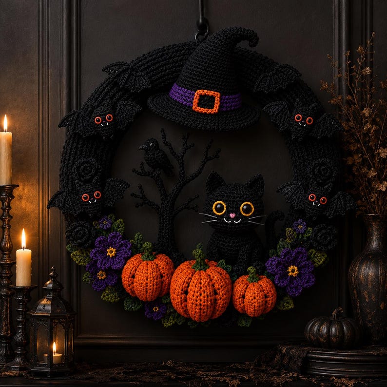 May include: A crocheted Halloween wreath featuring a black cat, three orange pumpkins, purple flowers, and four small black bats with red eyes. A black witch hat with a purple band and orange buckle sits at the top, with a black tree silhouette.