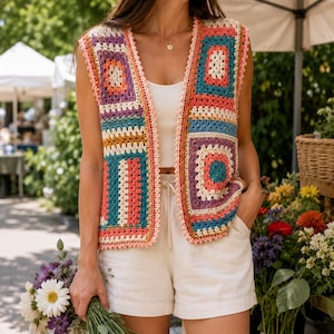 Puede incluir: Un chaleco de ganchillo colorido con un diseño de patchwork con cuadrados en tonos turquesa, coral, morado y crema. El chaleco tiene un borde festoneado y se usa sobre una camiseta sin mangas y pantalones cortos blancos. La imagen se toma al aire libre con flores en el fondo.