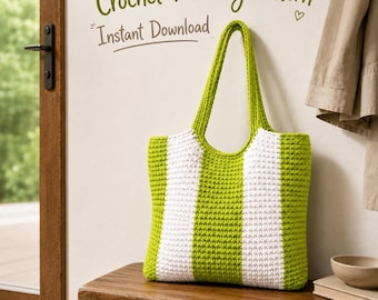 Tote Bag Crochet Pattern, Lime Stripe Market Tote PDF, Chunky Crochet Bag, Digital Pattern, Instant Download
