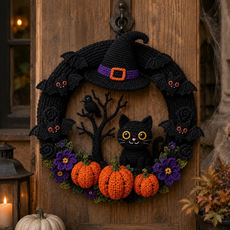 May include: A circular crochet wreath featuring a black witch hat with a purple band and orange buckle, a black cat, three orange pumpkins, purple flowers, and four small black bats with orange eyes, all arranged on a dark yarn base.