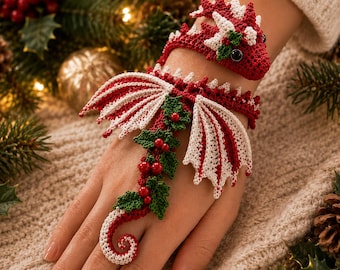 Dragon Wrist Bracelet Crochet Pattern, Christmas Dragon Amigurumi PDF, Hollyberry Frostwing Wearable Bracelet