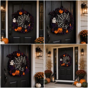 K&ouml;nnte beinhalten: Ein runder Halloween-Kranz mit einem geh&auml;kelten wei&szlig;en Spinnennetz, einem kleinen wei&szlig;en Geist, orangefarbenen K&uuml;rbissen, violetten Blumen und einer schwarzen Fledermaus-Silhouette. Der Kranz ist an einer schwarzen T&uuml;r befestigt.