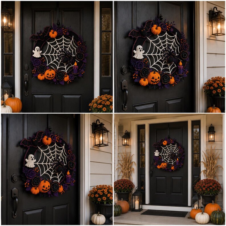 K&ouml;nnte beinhalten: Ein runder Halloween-Kranz mit einem geh&auml;kelten wei&szlig;en Spinnennetz, einem kleinen wei&szlig;en Geist, orangefarbenen K&uuml;rbissen, violetten Blumen und einer schwarzen Fledermaus-Silhouette. Der Kranz ist an einer schwarzen T&uuml;r befestigt.