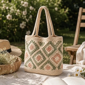 Pode incluir: Uma sacola tote de crochê bege com um padrão geométrico em verde e rosa. A sacola tem duas alças. Um chapéu de palha e uma cesta estão no fundo. A sacola está em uma superfície branca.