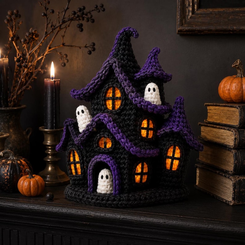 May include: A crocheted haunted house decoration in black and purple yarn, featuring multiple pointed roofs, arched windows with glowing orange light, and three small white ghost figures positioned on the exterior walls and at the entrance.