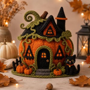 K&ouml;nnte beinhalten: Ein geh&auml;keltes K&uuml;rbishaus mit schwarzem Dach, einem hohen Turm und einer zentralen T&uuml;r. Der orangefarbene K&uuml;rbis ist mit gr&uuml;nen Ranken, drei kleinen K&uuml;rbissen und einer schwarzen Katze mit goldenem Gl&ouml;ckchenhalsband verziert. Die Fenster leuchten.